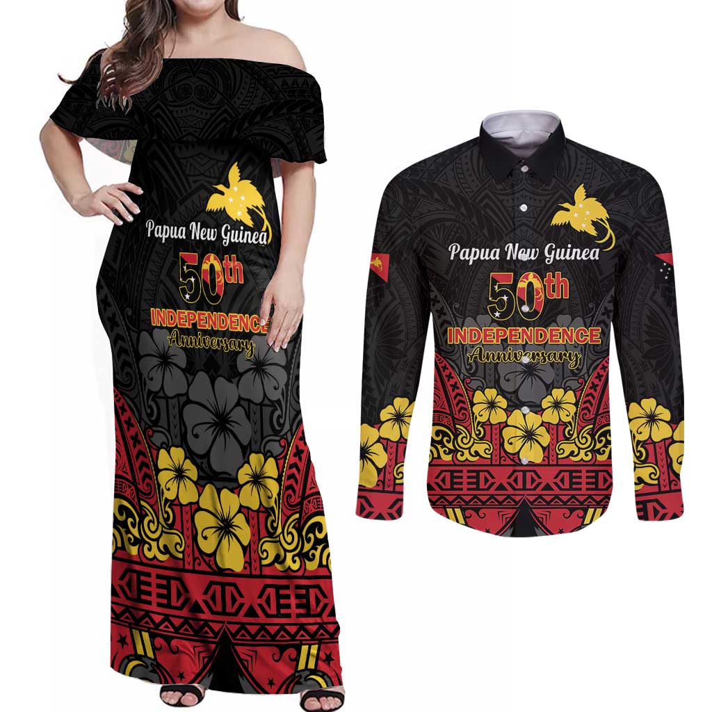 Papua New Guinea Independence Day Couples Matching Off Shoulder Maxi Dress and Long Sleeve Button Shirt PNG Bird of Paradise 50th Anniversary LT14