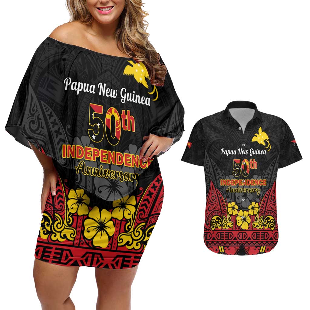 Papua New Guinea Independence Day Couples Matching Off Shoulder Short Dress and Hawaiian Shirt PNG Bird of Paradise 50th Anniversary LT14