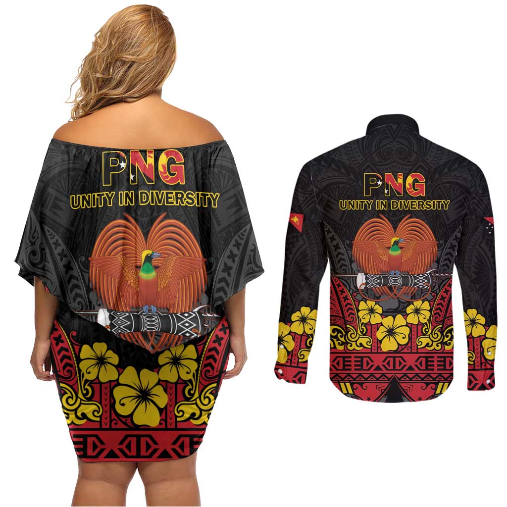 Papua New Guinea Independence Day Couples Matching Off Shoulder Short Dress and Long Sleeve Button Shirt PNG Bird of Paradise 50th Anniversary LT14