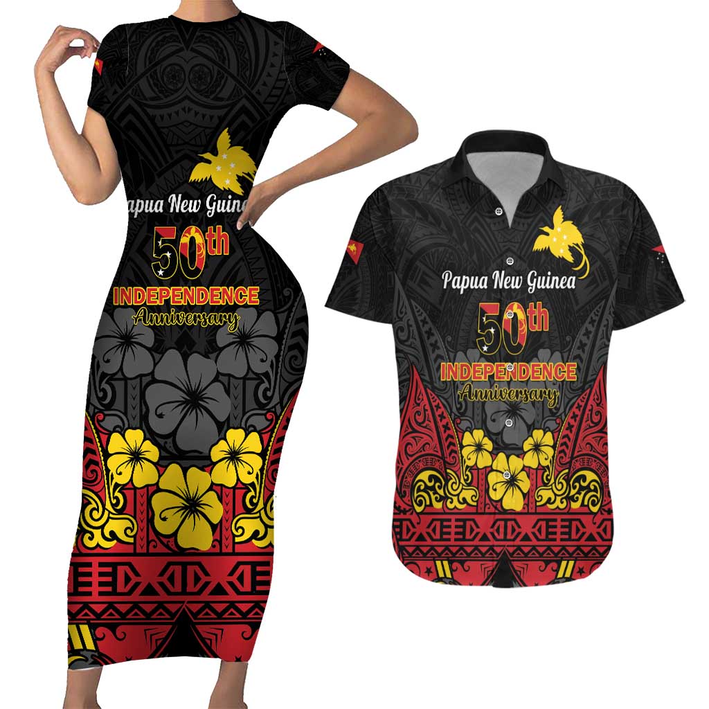 Papua New Guinea Independence Day Couples Matching Short Sleeve Bodycon Dress and Hawaiian Shirt PNG Bird of Paradise 50th Anniversary LT14