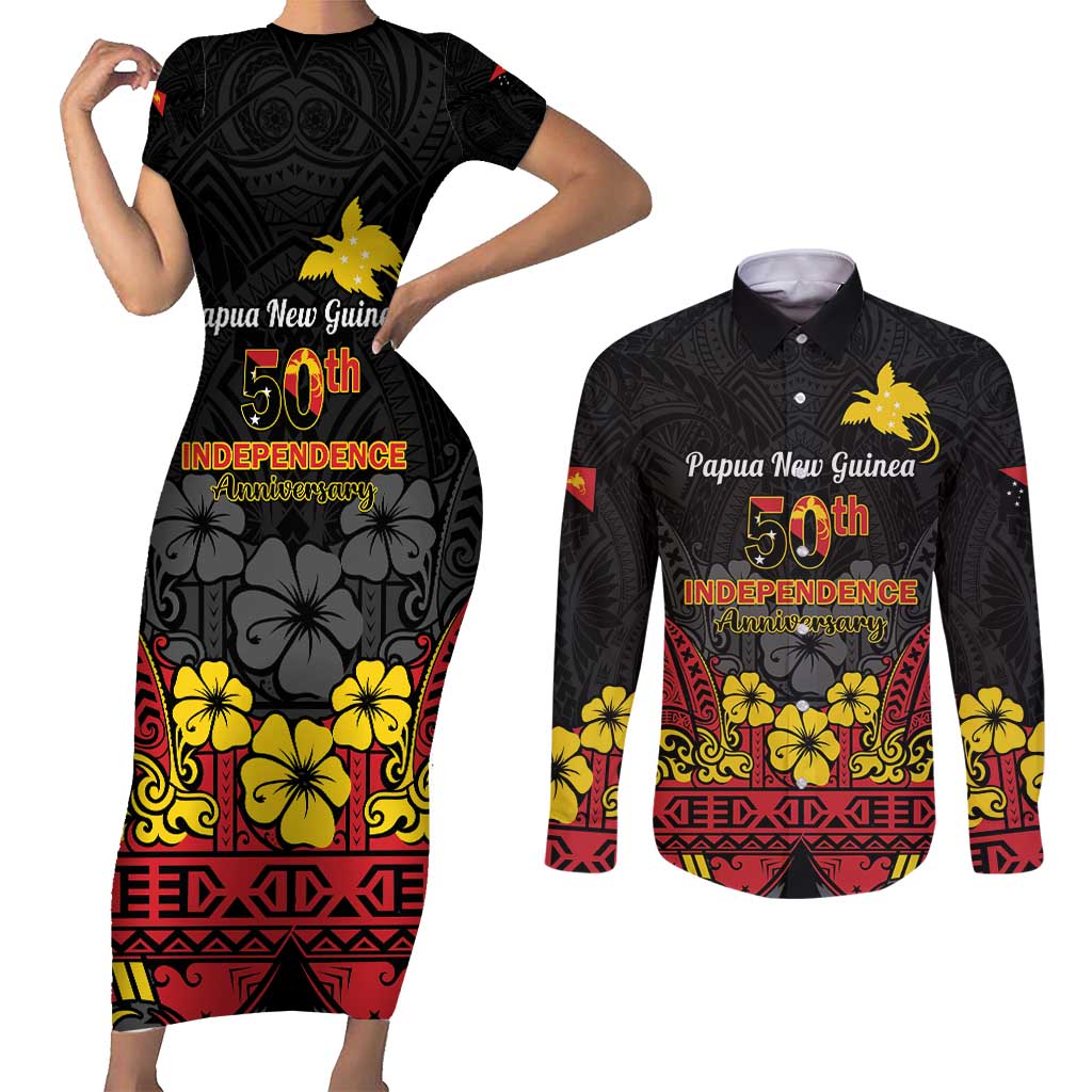 Papua New Guinea Independence Day Couples Matching Short Sleeve Bodycon Dress and Long Sleeve Button Shirt PNG Bird of Paradise 50th Anniversary LT14