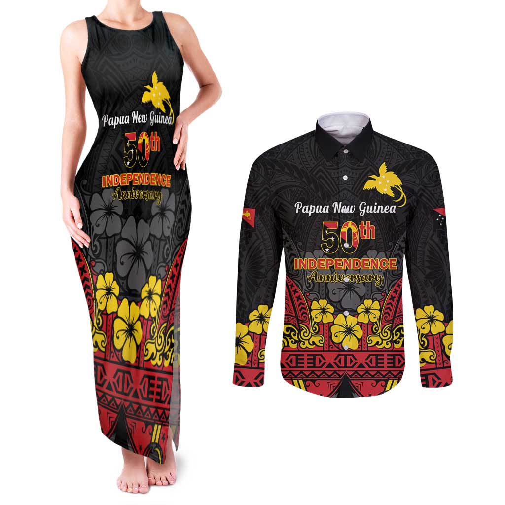 Papua New Guinea Independence Day Couples Matching Tank Maxi Dress and Long Sleeve Button Shirt PNG Bird of Paradise 50th Anniversary LT14