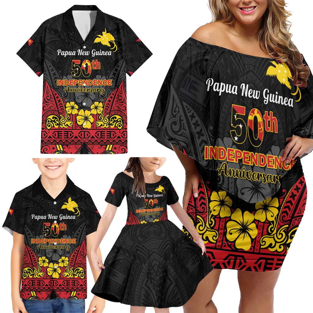 Papua New Guinea Independence Day Family Matching Off Shoulder Short Dress and Hawaiian Shirt PNG Bird of Paradise 50th Anniversary LT14