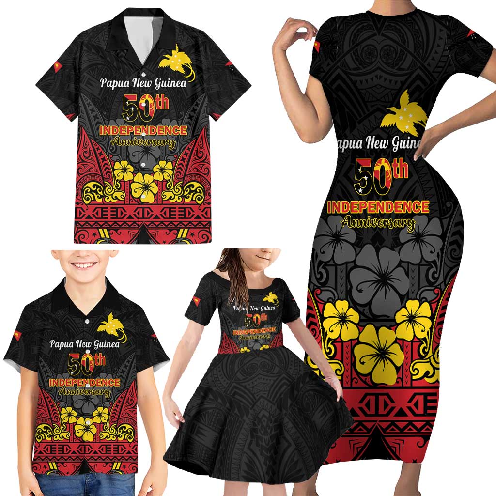 Papua New Guinea Independence Day Family Matching Short Sleeve Bodycon Dress and Hawaiian Shirt PNG Bird of Paradise 50th Anniversary LT14