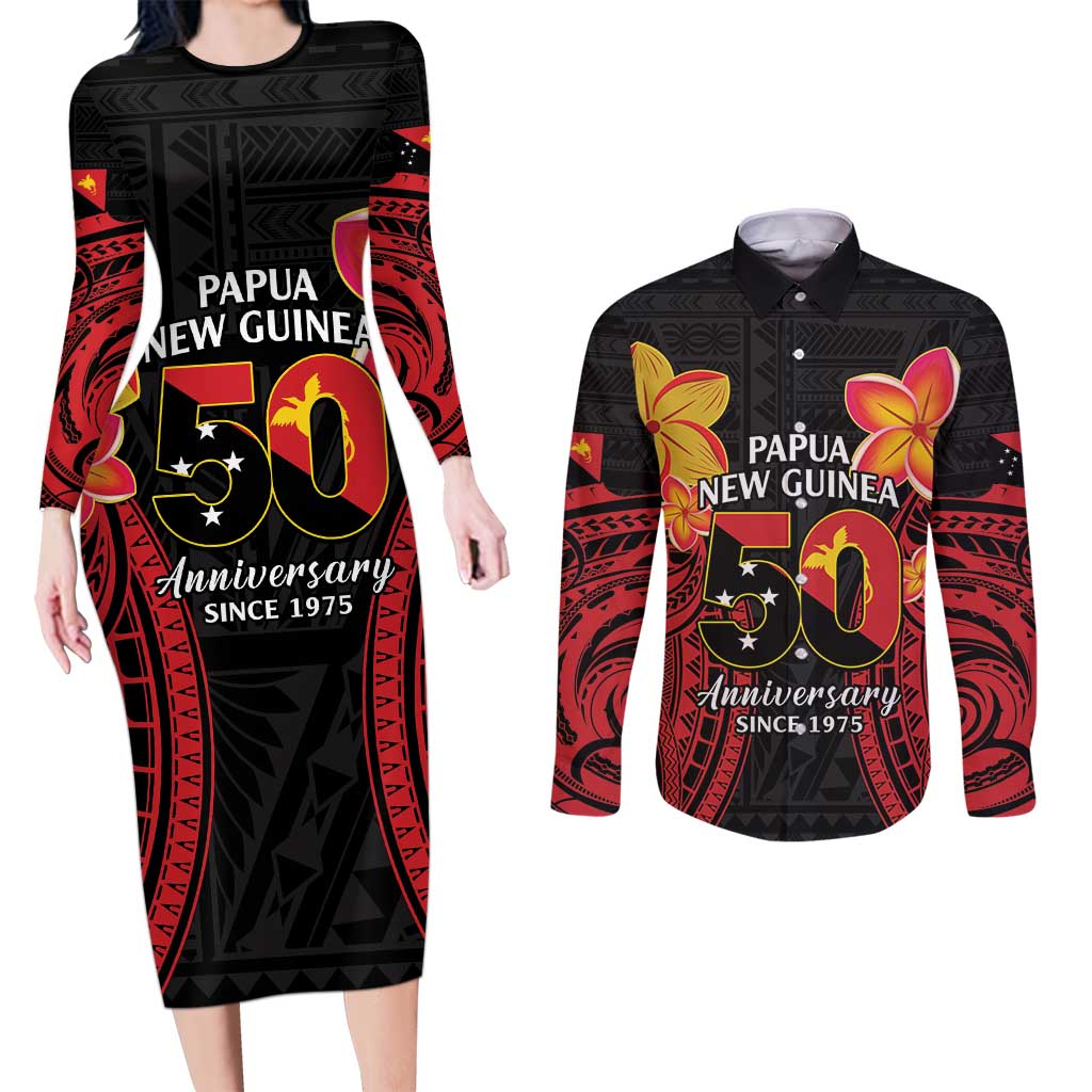 Papua New Guinea Independence Day Couples Matching Long Sleeve Bodycon Dress and Long Sleeve Button Shirt PNG Since 1975 LT14