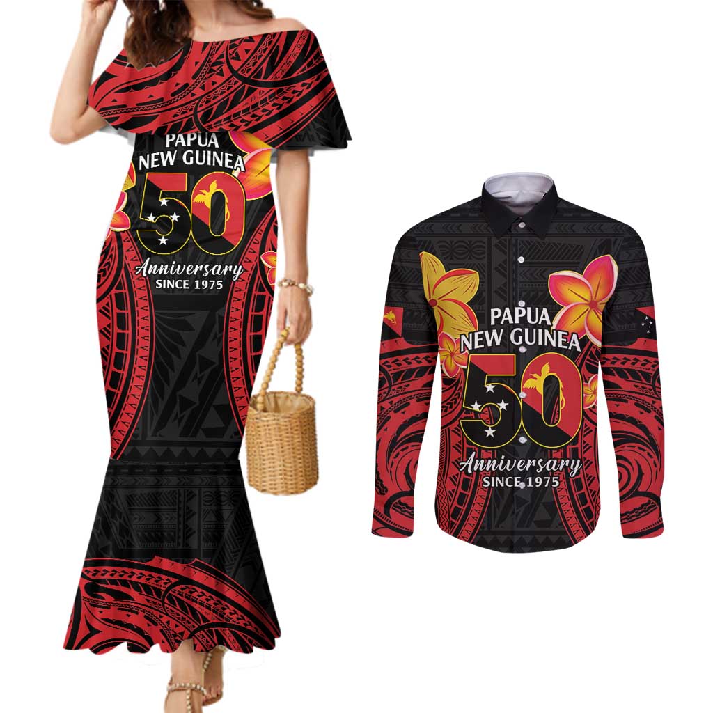 Papua New Guinea Independence Day Couples Matching Mermaid Dress and Long Sleeve Button Shirt PNG Since 1975 LT14