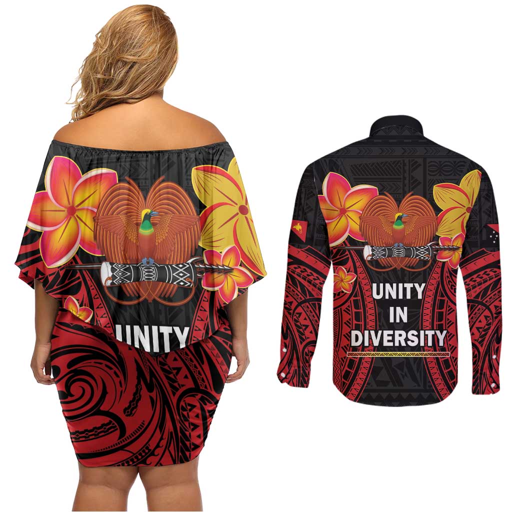 Papua New Guinea Independence Day Couples Matching Off Shoulder Short Dress and Long Sleeve Button Shirt PNG Since 1975 LT14