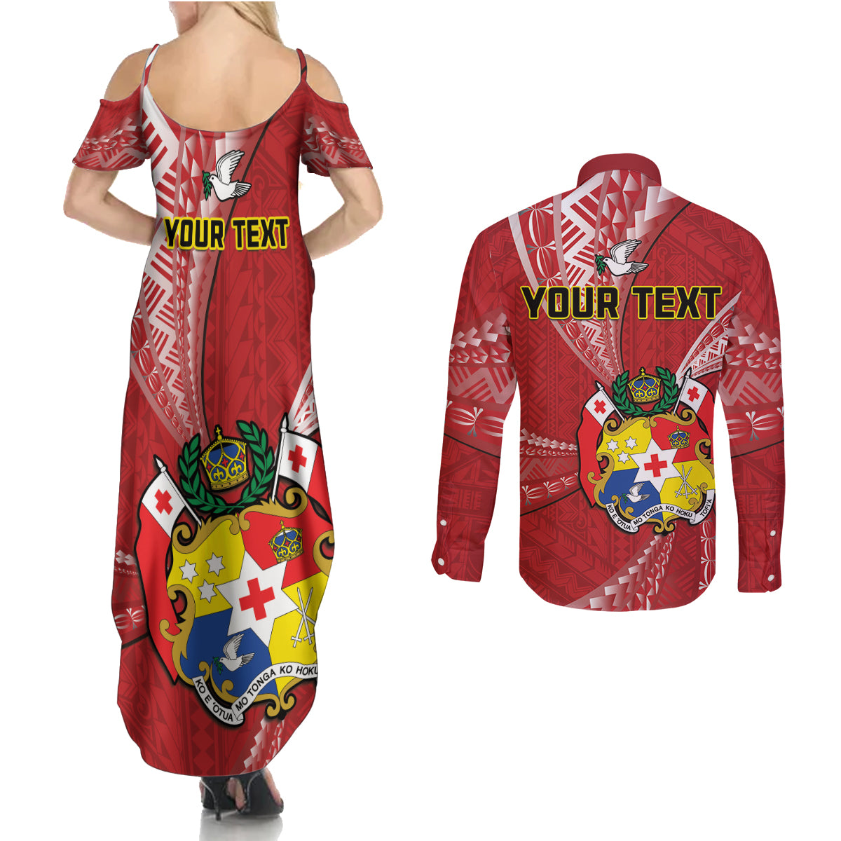 Personalised Tonga Independence Day Couples Matching Summer Maxi Dress and Long Sleeve Button Shirt Happy 54th Independence Anniversary Ngatu Pattern