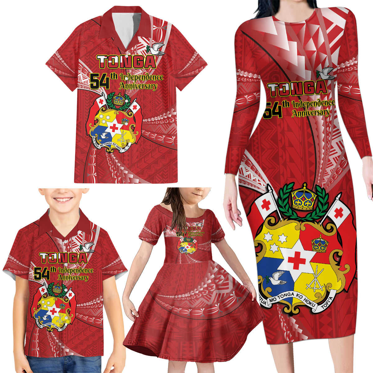 Personalised Tonga Independence Day Family Matching Long Sleeve Bodycon Dress and Hawaiian Shirt Happy 54th Independence Anniversary Ngatu Pattern