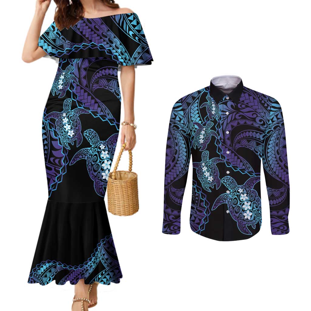 Polynesia Sea Turtle Day Couples Matching Mermaid Dress and Long Sleeve Button Shirt Tribal Honu Plumeria Polynesian Pattern LT14 Purple - Polynesian Pride