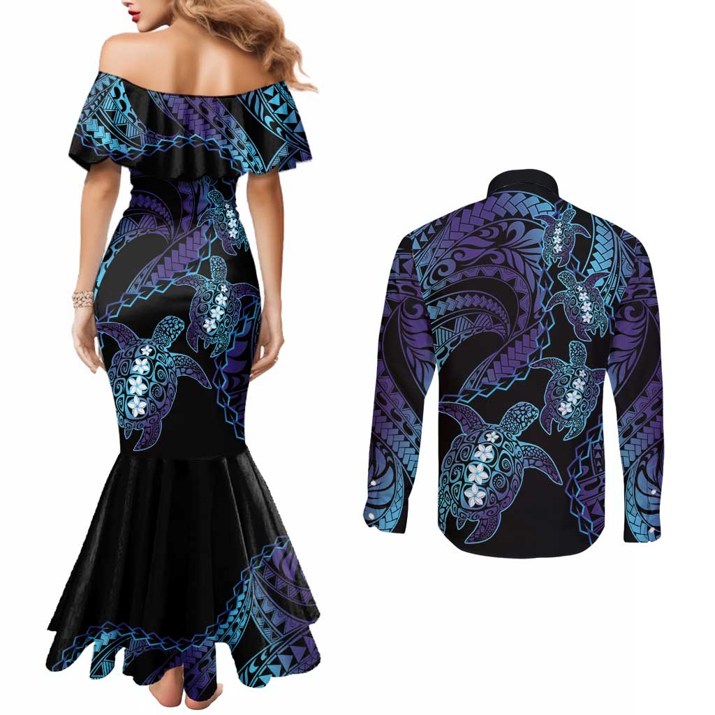 Polynesia Sea Turtle Day Couples Matching Mermaid Dress and Long Sleeve Button Shirt Tribal Honu Plumeria Polynesian Pattern LT14 - Polynesian Pride