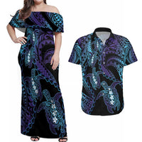 Polynesia Sea Turtle Day Couples Matching Off Shoulder Maxi Dress and Hawaiian Shirt Tribal Honu Plumeria Polynesian Pattern