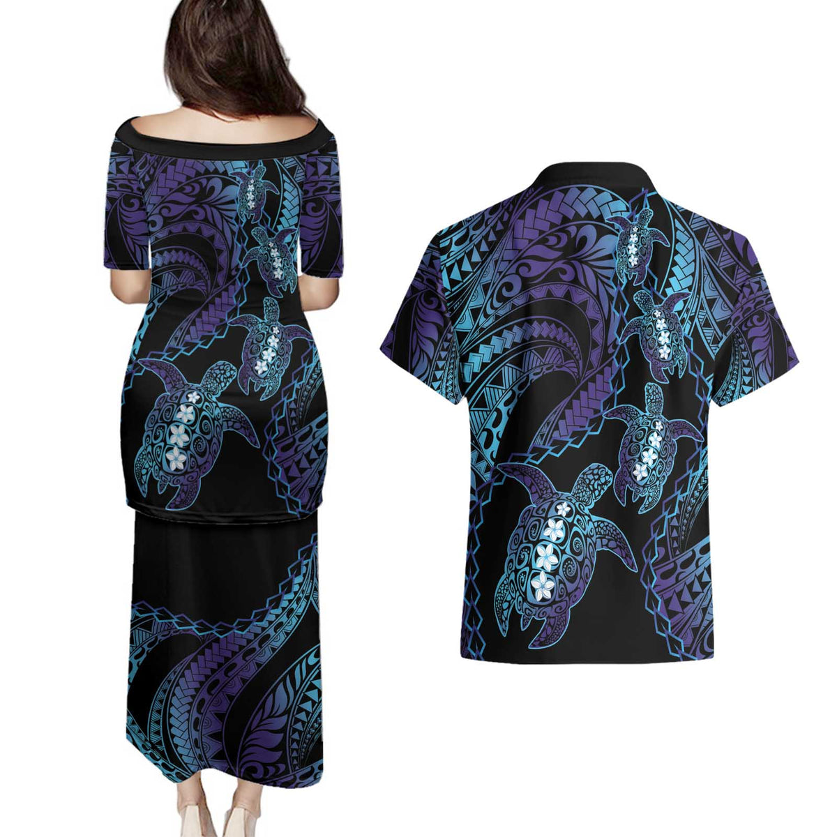 Polynesia Sea Turtle Day Couples Matching Puletasi and Hawaiian Shirt Tribal Honu Plumeria Polynesian Pattern