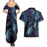 Polynesia Sea Turtle Day Couples Matching Summer Maxi Dress and Hawaiian Shirt Tribal Honu Plumeria Polynesian Pattern
