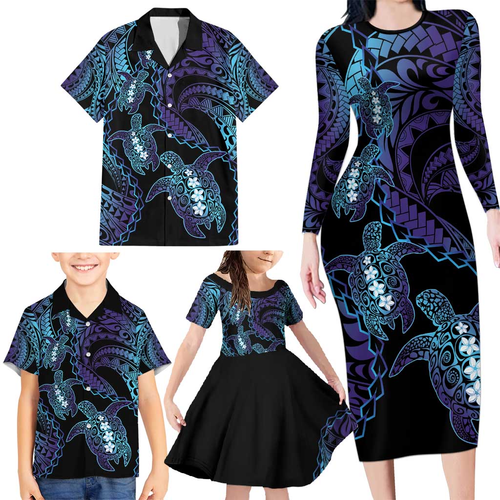 Polynesia Sea Turtle Day Family Matching Long Sleeve Bodycon Dress and Hawaiian Shirt Tribal Honu Plumeria Polynesian Pattern