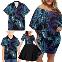 Polynesia Sea Turtle Day Family Matching Off Shoulder Short Dress and Hawaiian Shirt Tribal Honu Plumeria Polynesian Pattern