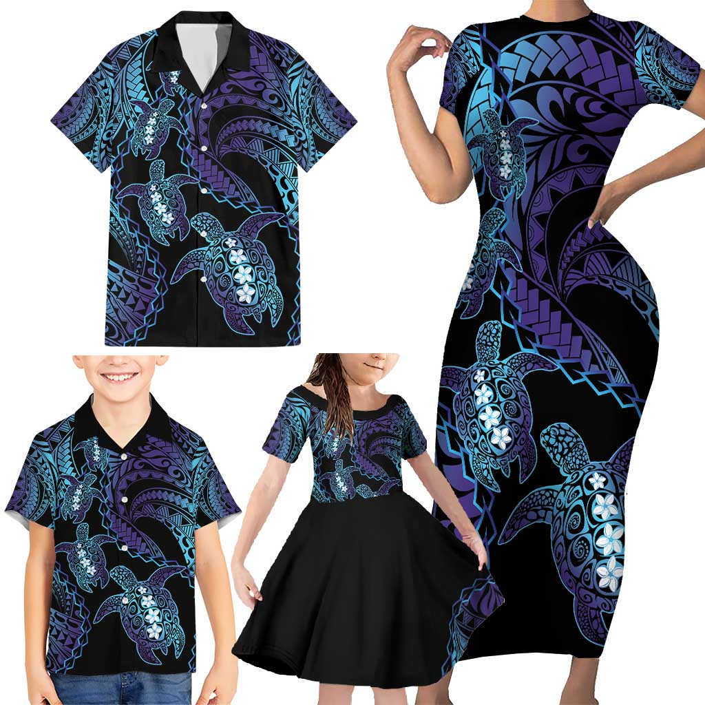 Polynesia Sea Turtle Day Family Matching Short Sleeve Bodycon Dress and Hawaiian Shirt Tribal Honu Plumeria Polynesian Pattern