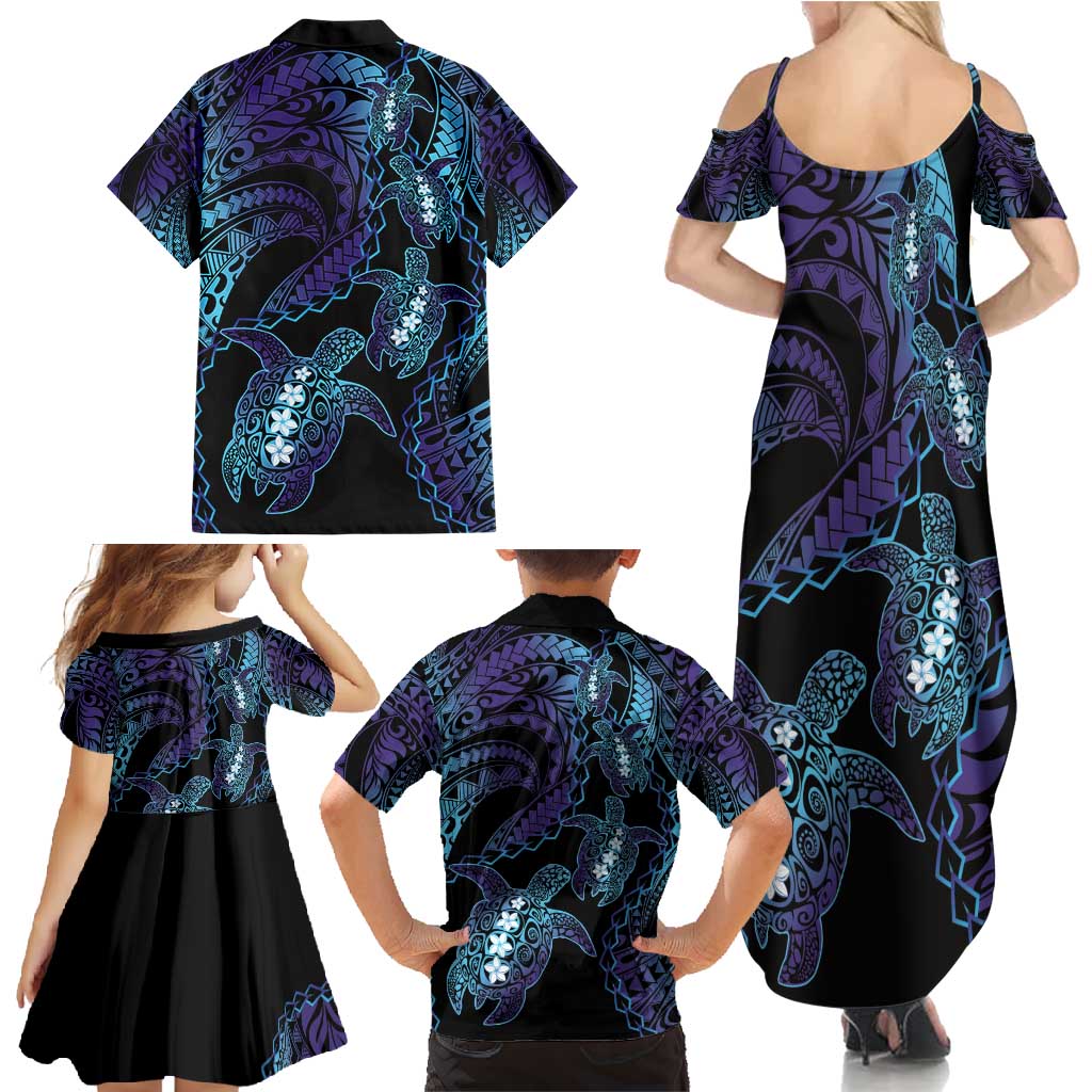 Polynesia Sea Turtle Day Family Matching Summer Maxi Dress and Hawaiian Shirt Tribal Honu Plumeria Polynesian Pattern