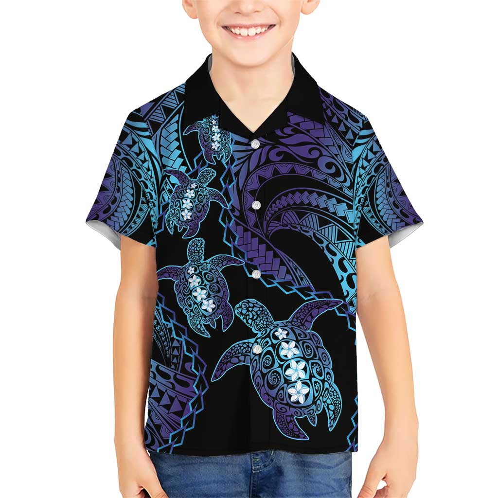 Polynesia Sea Turtle Day Kid Hawaiian Shirt Tribal Honu Plumeria Polynesian Pattern LT14 Kid Purple - Polynesian Pride
