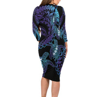 Polynesia Sea Turtle Day Long Sleeve Bodycon Dress Tribal Honu Plumeria Polynesian Pattern