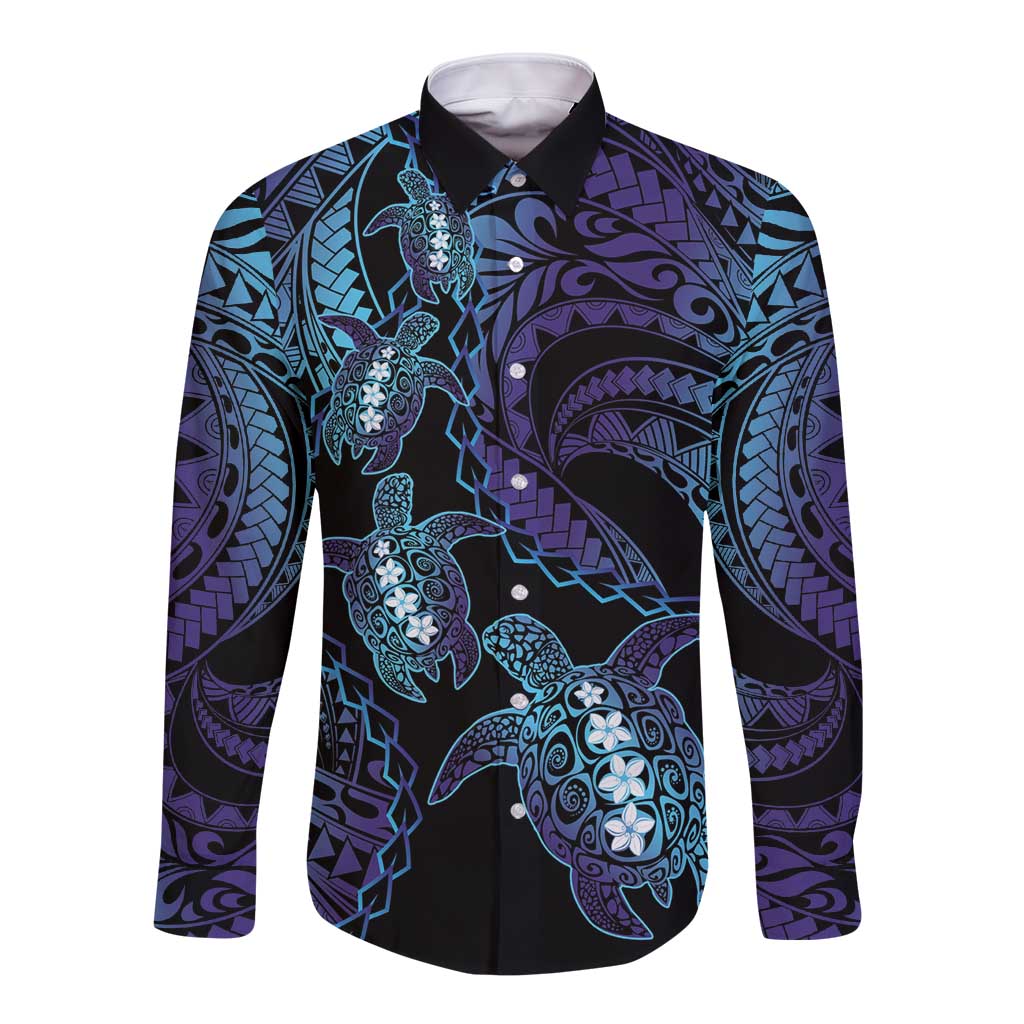 Polynesia Sea Turtle Day Long Sleeve Button Shirt Tribal Honu Plumeria Polynesian Pattern LT14 Unisex Purple - Polynesian Pride