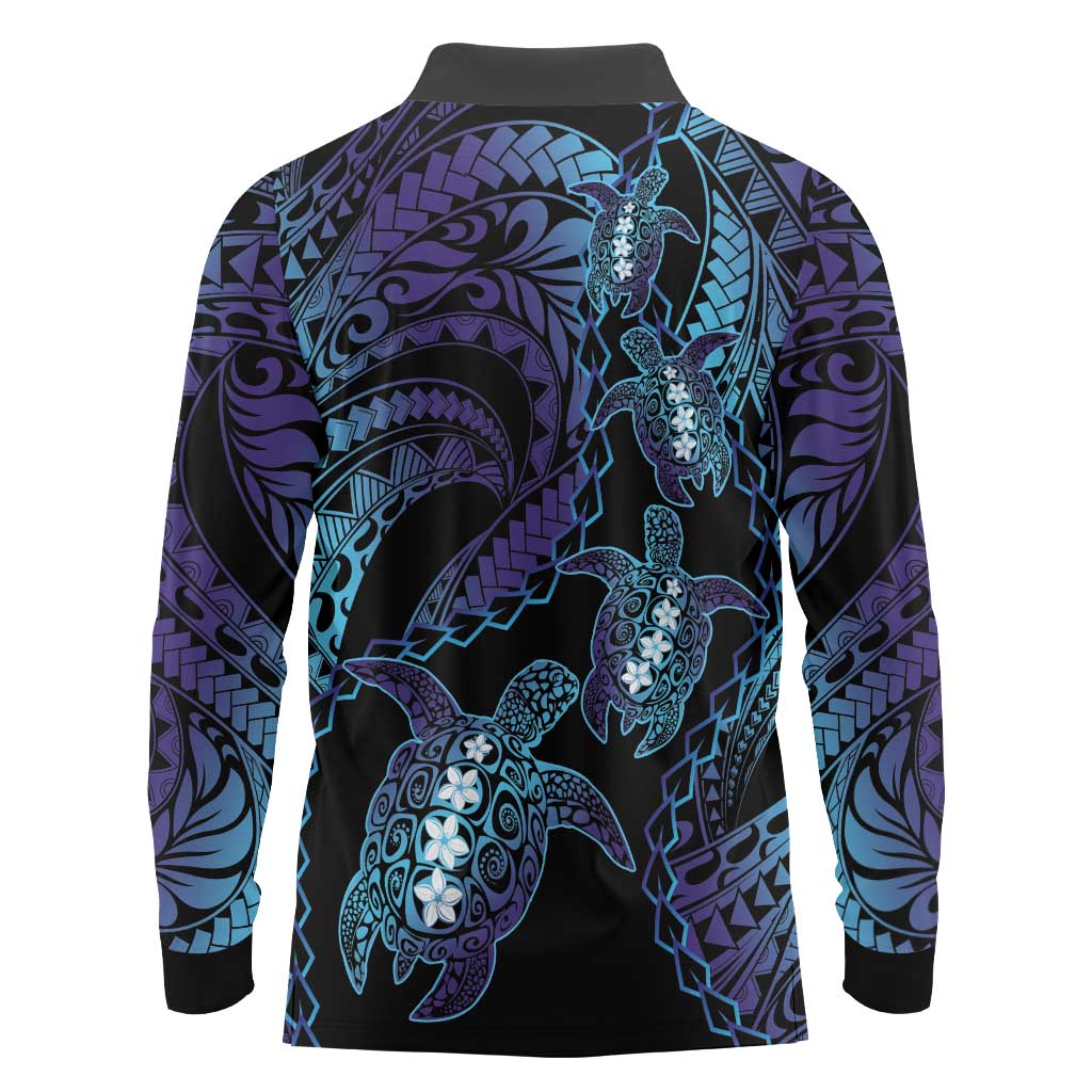Polynesia Sea Turtle Day Long Sleeve Polo Shirt Tribal Honu Plumeria Polynesian Pattern LT14 - Polynesian Pride