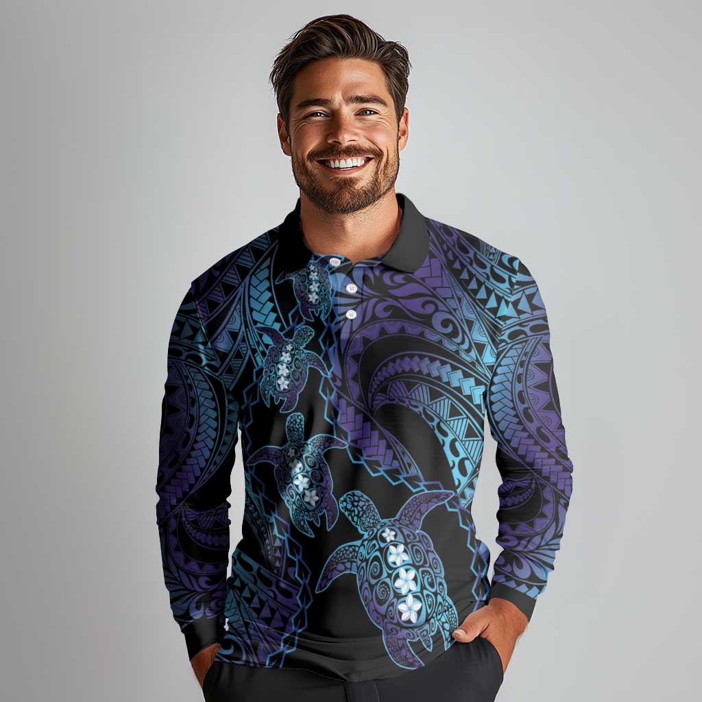 Polynesia Sea Turtle Day Long Sleeve Polo Shirt Tribal Honu Plumeria Polynesian Pattern LT14 - Polynesian Pride