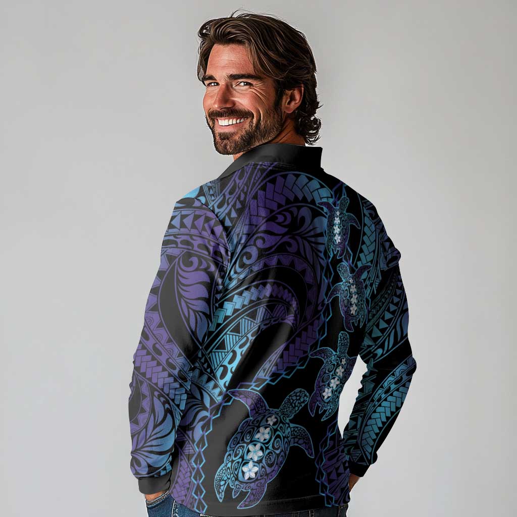 Polynesia Sea Turtle Day Long Sleeve Polo Shirt Tribal Honu Plumeria Polynesian Pattern LT14 - Polynesian Pride