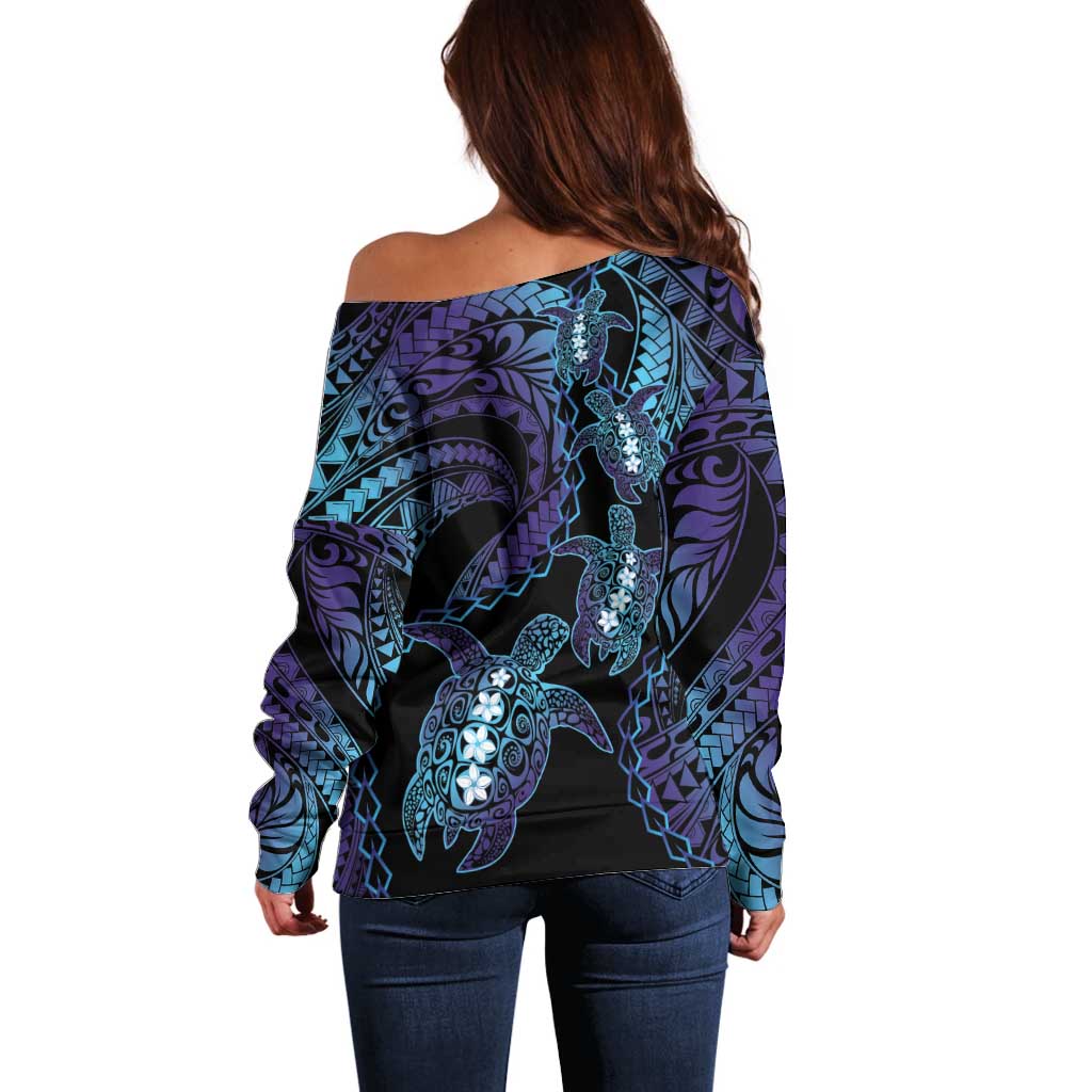 Polynesia Sea Turtle Day Off Shoulder Sweater Tribal Honu Plumeria Polynesian Pattern