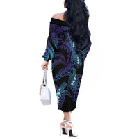 Polynesia Sea Turtle Day Off The Shoulder Long Sleeve Dress Tribal Honu Plumeria Polynesian Pattern