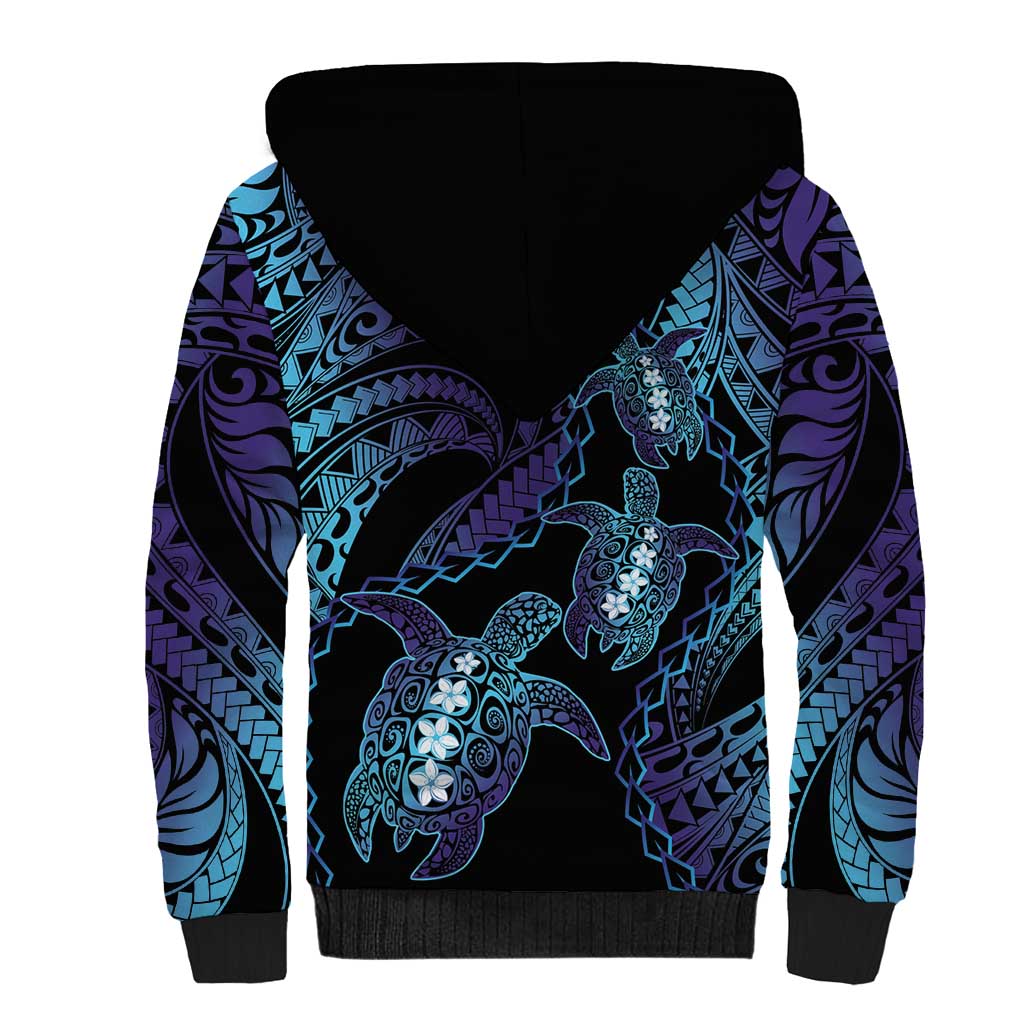 Polynesia Sea Turtle Day Sherpa Hoodie Tribal Honu Plumeria Polynesian Pattern