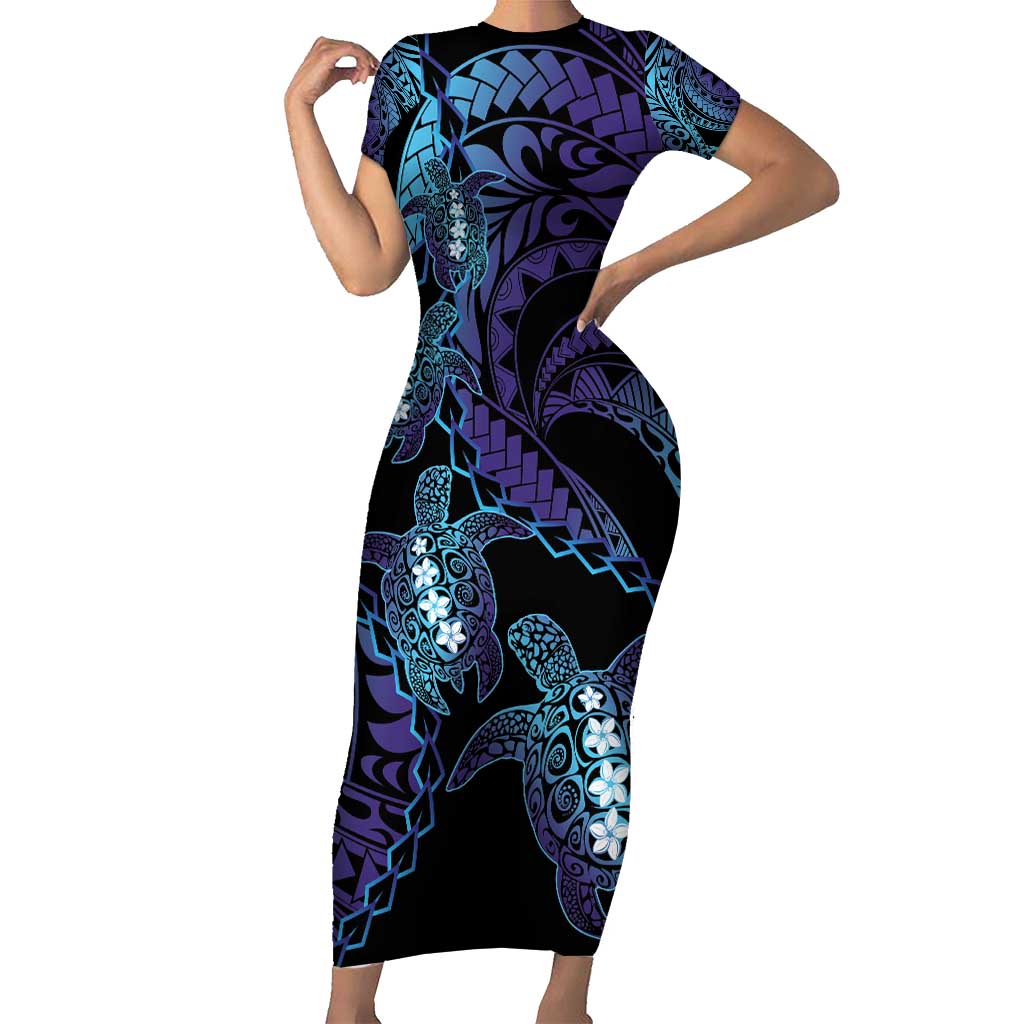 Polynesia Sea Turtle Day Short Sleeve Bodycon Dress Tribal Honu Plumeria Polynesian Pattern