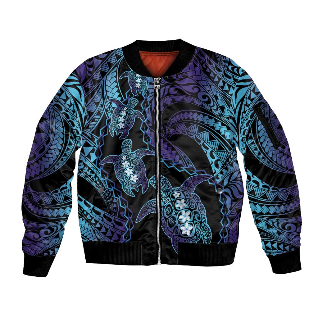 Polynesia Sea Turtle Day Sleeve Zip Bomber Jacket Tribal Honu Plumeria Polynesian Pattern