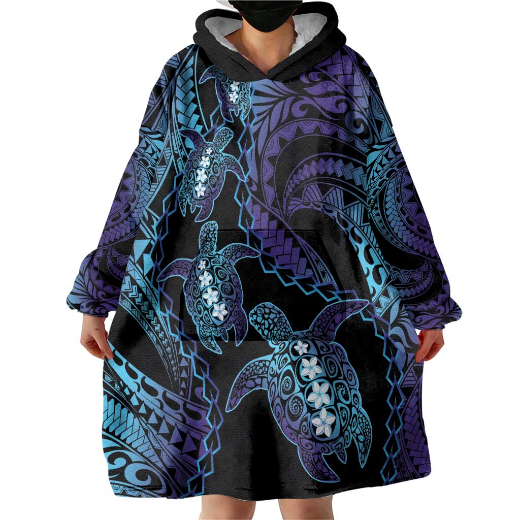 Polynesia Sea Turtle Day Wearable Blanket Hoodie Tribal Honu Plumeria Polynesian Pattern