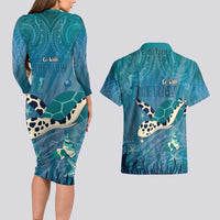 World Sea Turtle Day Polynesia Couples Matching Long Sleeve Bodycon Dress and Hawaiian Shirt Go With The Flow