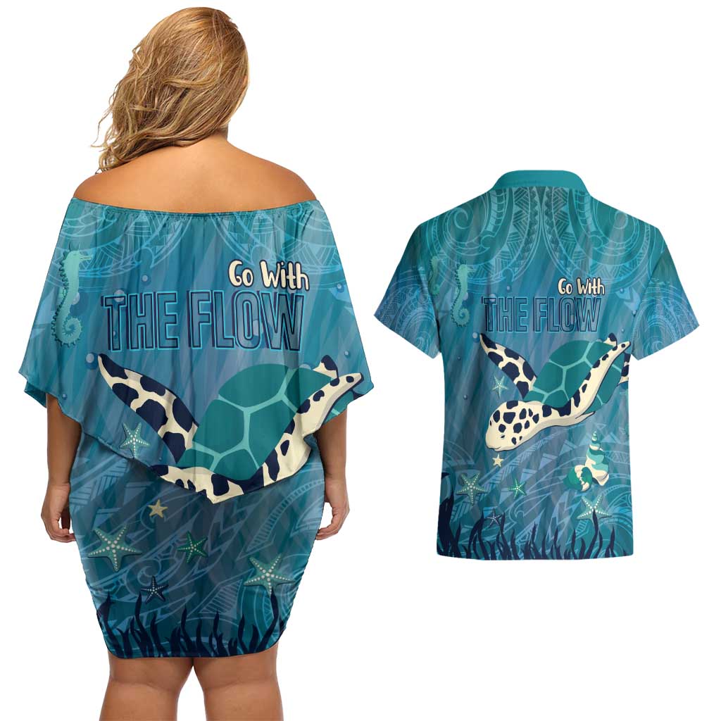 World Sea Turtle Day Polynesia Couples Matching Off Shoulder Short Dress and Hawaiian Shirt Go With The Flow