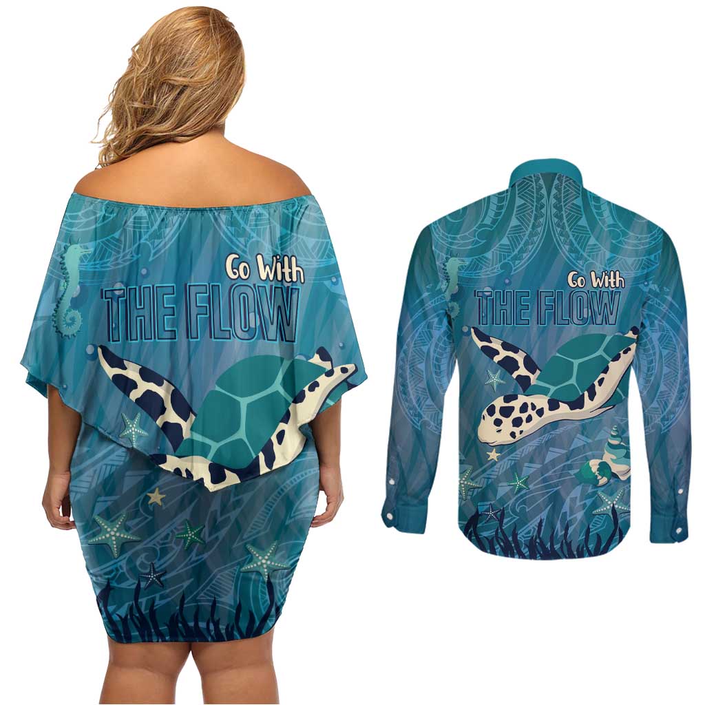 World Sea Turtle Day Polynesia Couples Matching Off Shoulder Short Dress and Long Sleeve Button Shirt Go With The Flow LT14 - Polynesian Pride