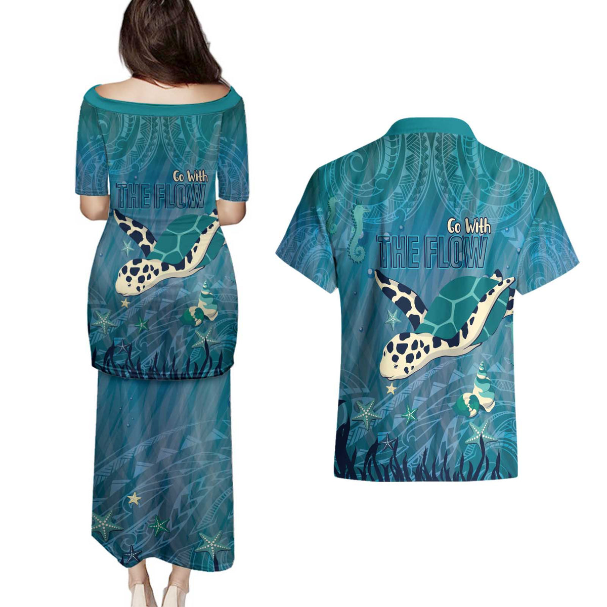 World Sea Turtle Day Polynesia Couples Matching Puletasi and Hawaiian Shirt Go With The Flow