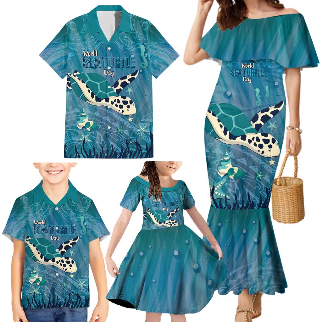 World Sea Turtle Day Polynesia Family Matching Mermaid Dress and Hawaiian Shirt Go With The Flow