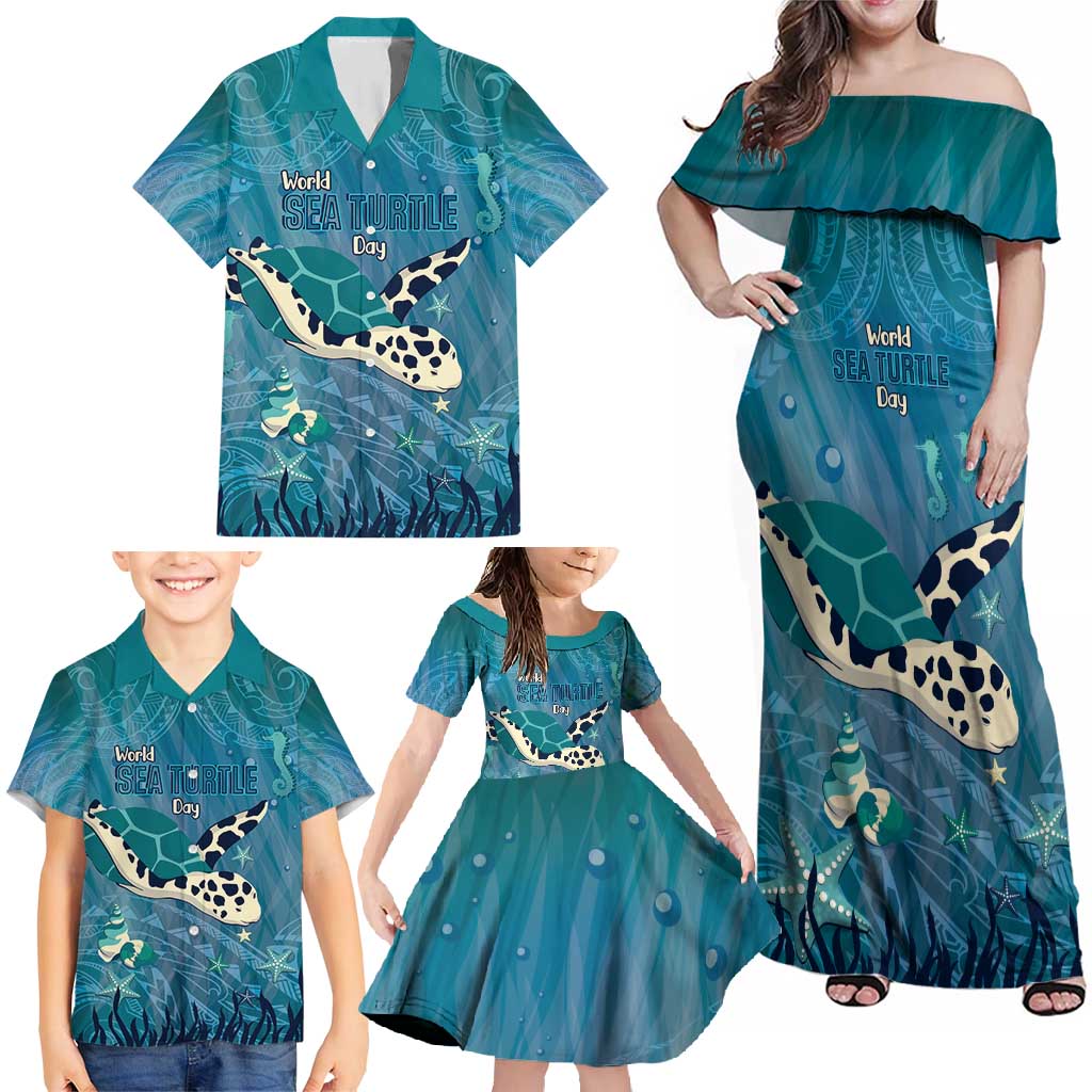 World Sea Turtle Day Polynesia Family Matching Off Shoulder Maxi Dress and Hawaiian Shirt Go With The Flow