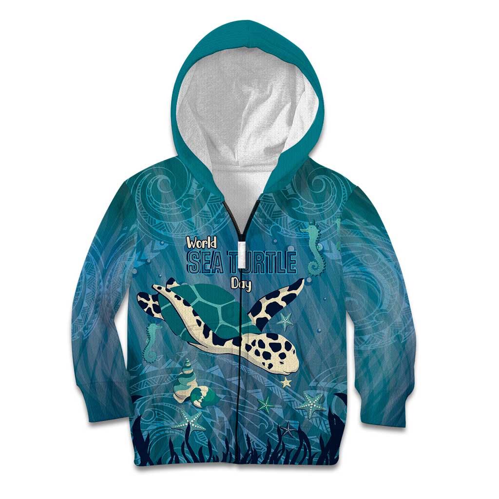 World Sea Turtle Day Polynesia Kid Hoodie Go With The Flow LT14 Zip Hoodie Cyan - Polynesian Pride