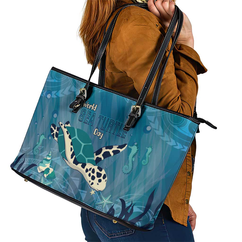World Sea Turtle Day Polynesia Leather Tote Bag Go With The Flow