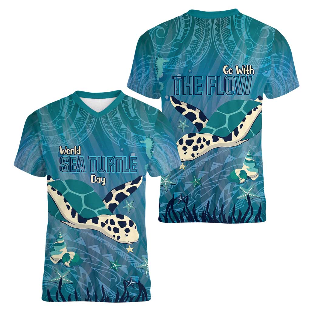 World Sea Turtle Day Polynesia Women V-Neck T-Shirt Go With The Flow LT14 - Polynesian Pride