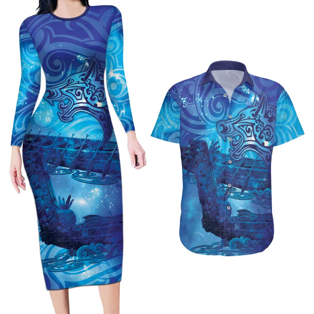 Kuri New Zealand Matariki Couples Matching Long Sleeve Bodycon Dress and Hawaiian Shirt Aotearoa Dog Waka Maori New Year Galaxy Vibes LT14 Blue - Polynesian Pride