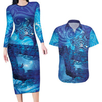 Kuri New Zealand Matariki Couples Matching Long Sleeve Bodycon Dress and Hawaiian Shirt Aotearoa Dog Waka Maori New Year Galaxy Vibes LT14 Blue - Polynesian Pride