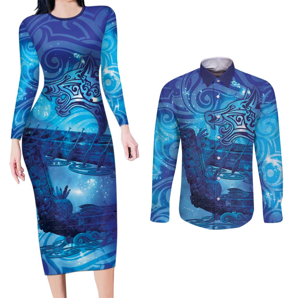 Kuri New Zealand Matariki Couples Matching Long Sleeve Bodycon Dress and Long Sleeve Button Shirt Aotearoa Dog Waka Maori New Year Galaxy Vibes