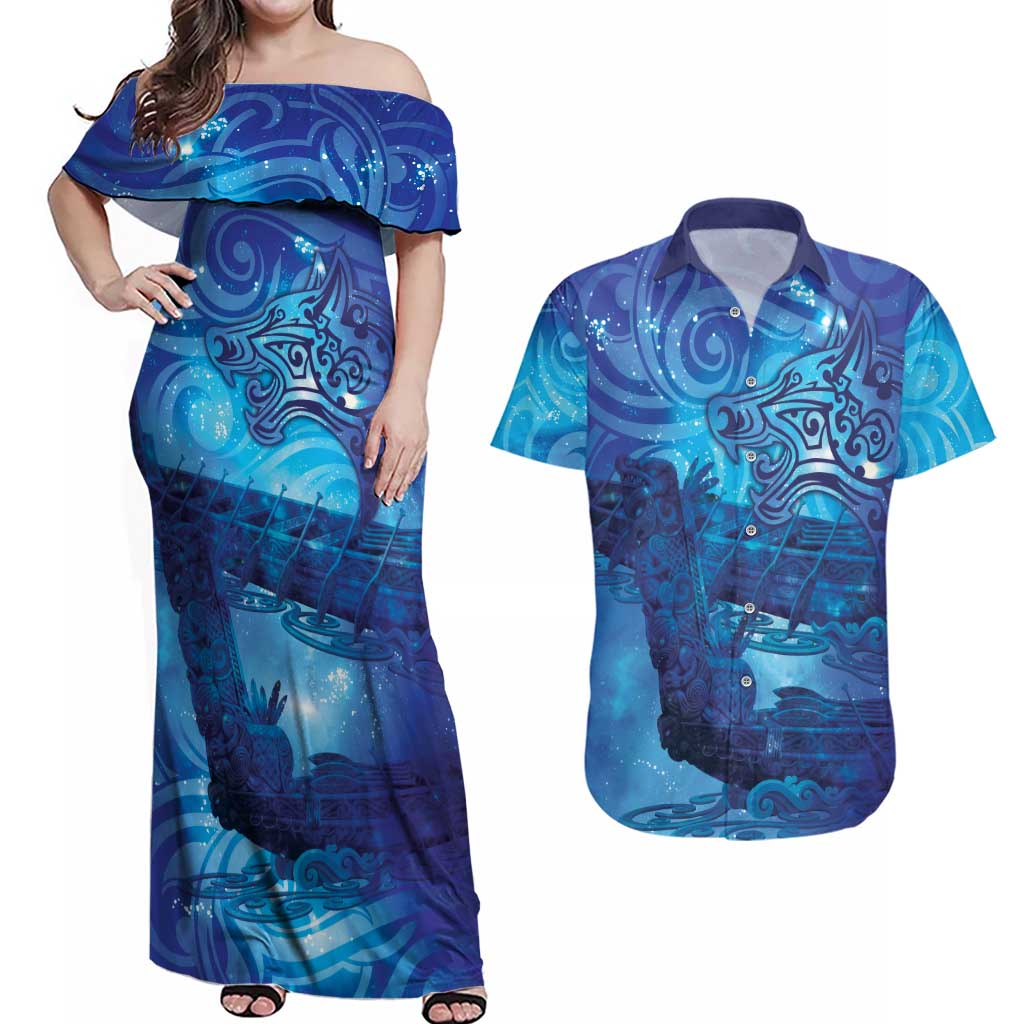 Kuri New Zealand Matariki Couples Matching Off Shoulder Maxi Dress and Hawaiian Shirt Aotearoa Dog Waka Maori New Year Galaxy Vibes
