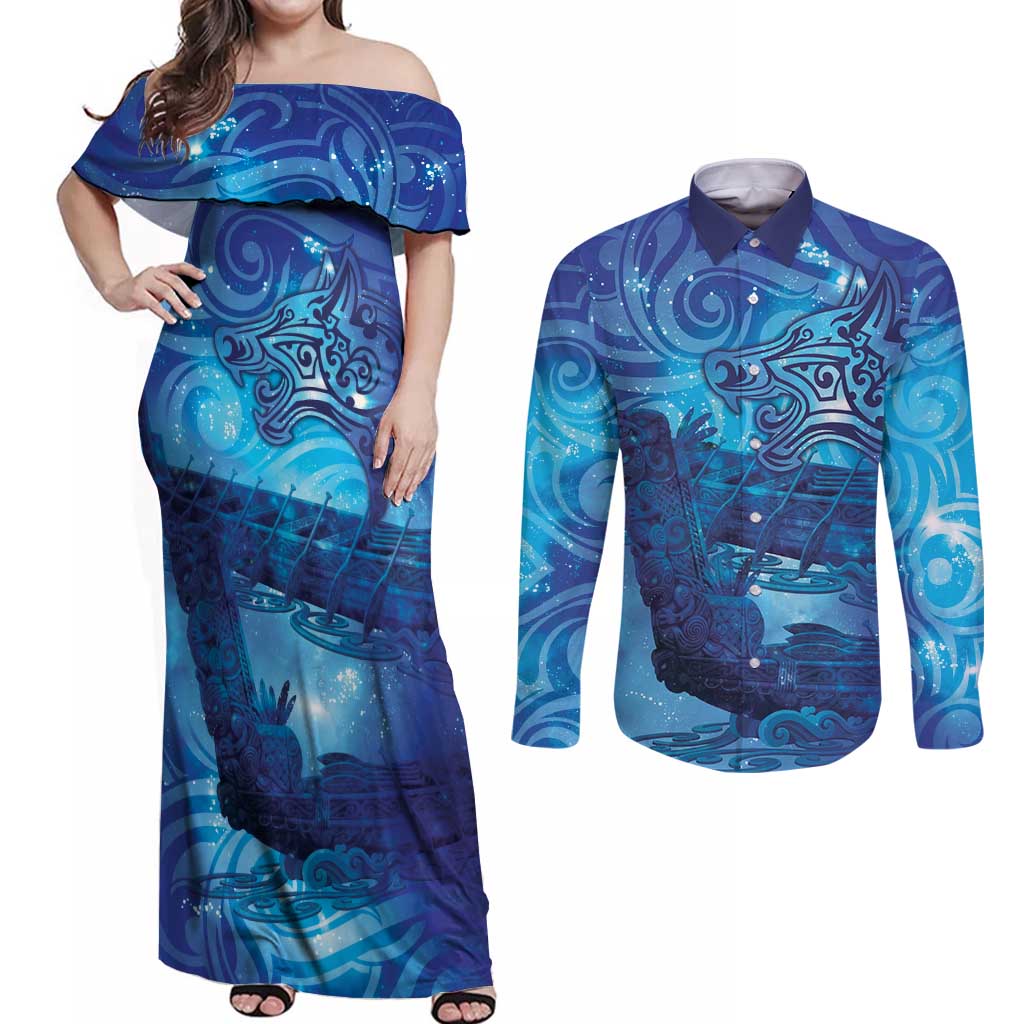 Kuri New Zealand Matariki Couples Matching Off Shoulder Maxi Dress and Long Sleeve Button Shirt Aotearoa Dog Waka Maori New Year Galaxy Vibes