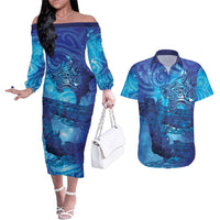 Kuri New Zealand Matariki Couples Matching Off The Shoulder Long Sleeve Dress and Hawaiian Shirt Aotearoa Dog Waka Maori New Year Galaxy Vibes LT14 Blue - Polynesian Pride