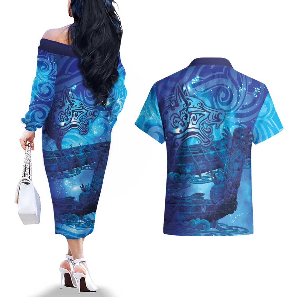 Kuri New Zealand Matariki Couples Matching Off The Shoulder Long Sleeve Dress and Hawaiian Shirt Aotearoa Dog Waka Maori New Year Galaxy Vibes LT14 - Polynesian Pride